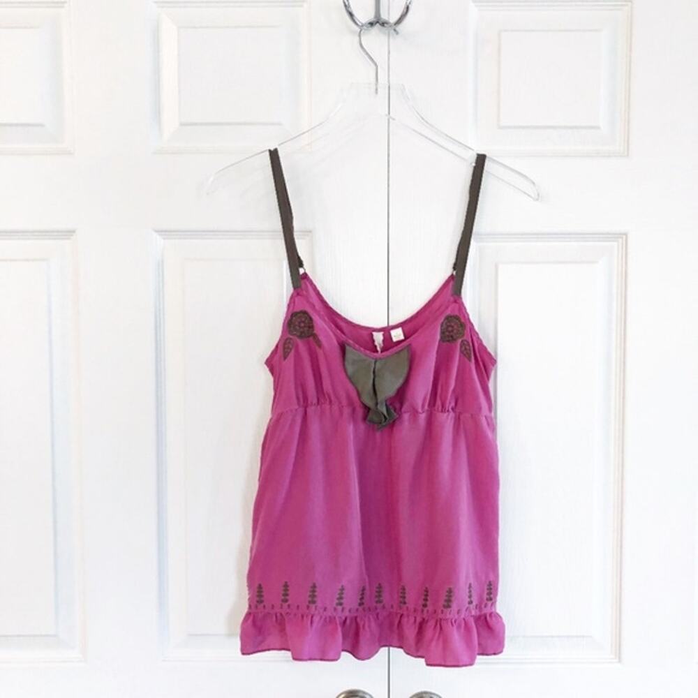 Eloise Anthropologie Pink Silk Ruffle Embroidered Cami Boho Romantic
